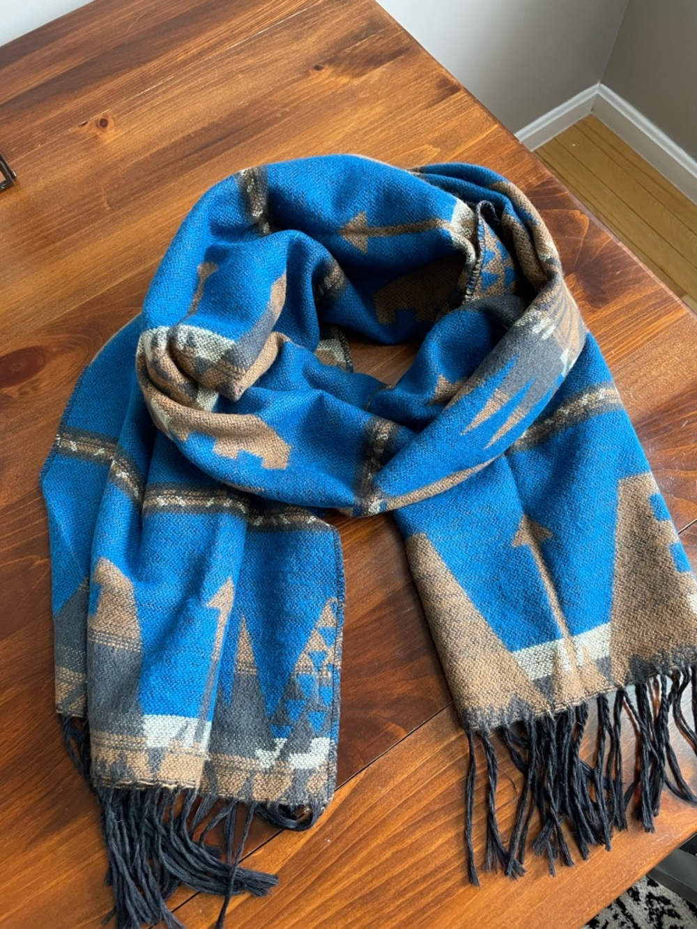 Blue and Tan Aztec Bohemian Patterned Fringe Scarf